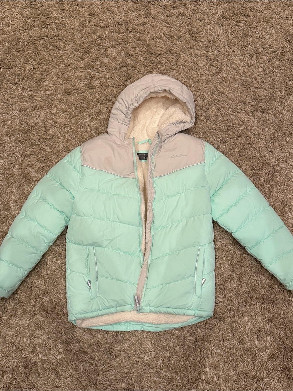 Eddie Bauer Mint Green & Light Gray Sherpa-Lined Hooded Puffer - Kids